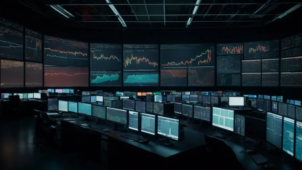 a vast array of glowing computer screens displaying complex charts and graphs in a dark, modern network operations center.