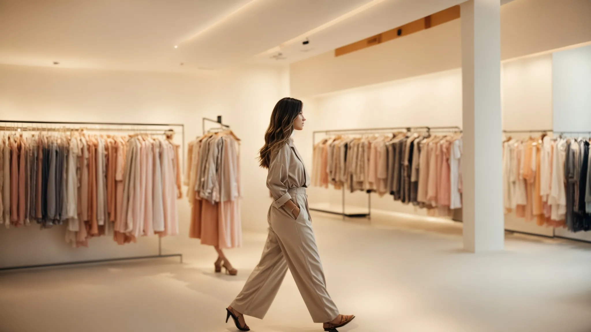 a woman confidently strides through a bright boutique, pausing to admire a selection of elegant pants displayed in the soft glow of the store.