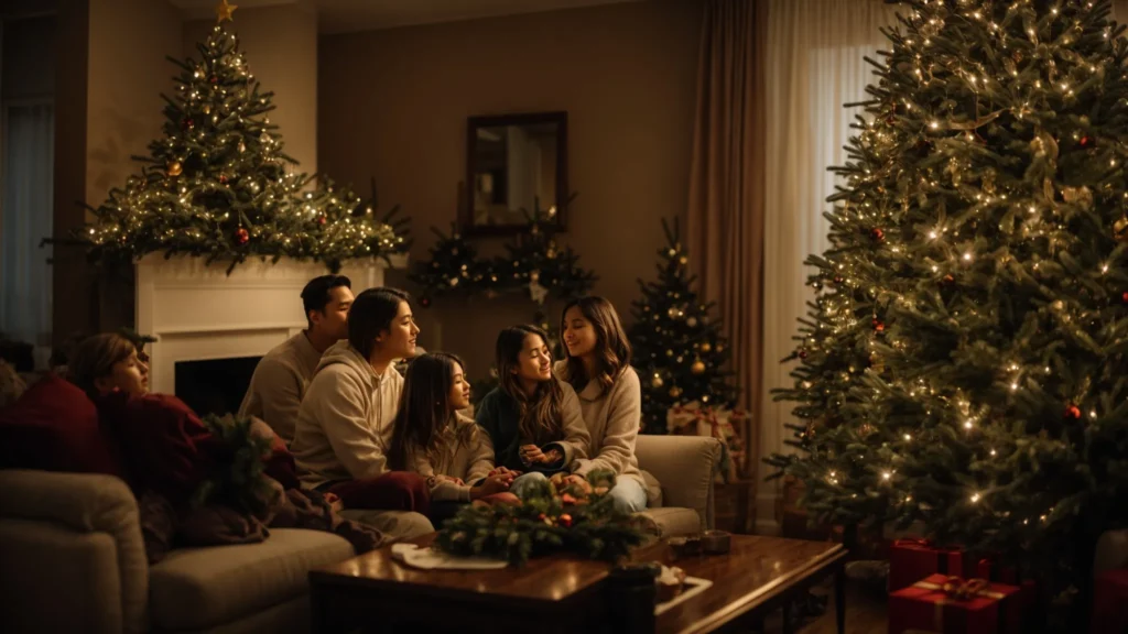 a family gathers in a warmly lit living room, admiring a tall and lush artificial christmas tree they just finished setting up.