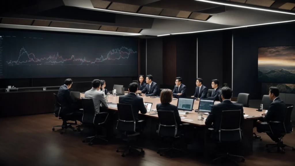 a group of professionals gathered around a conference table, looking at a large screen displaying charts and graphs.