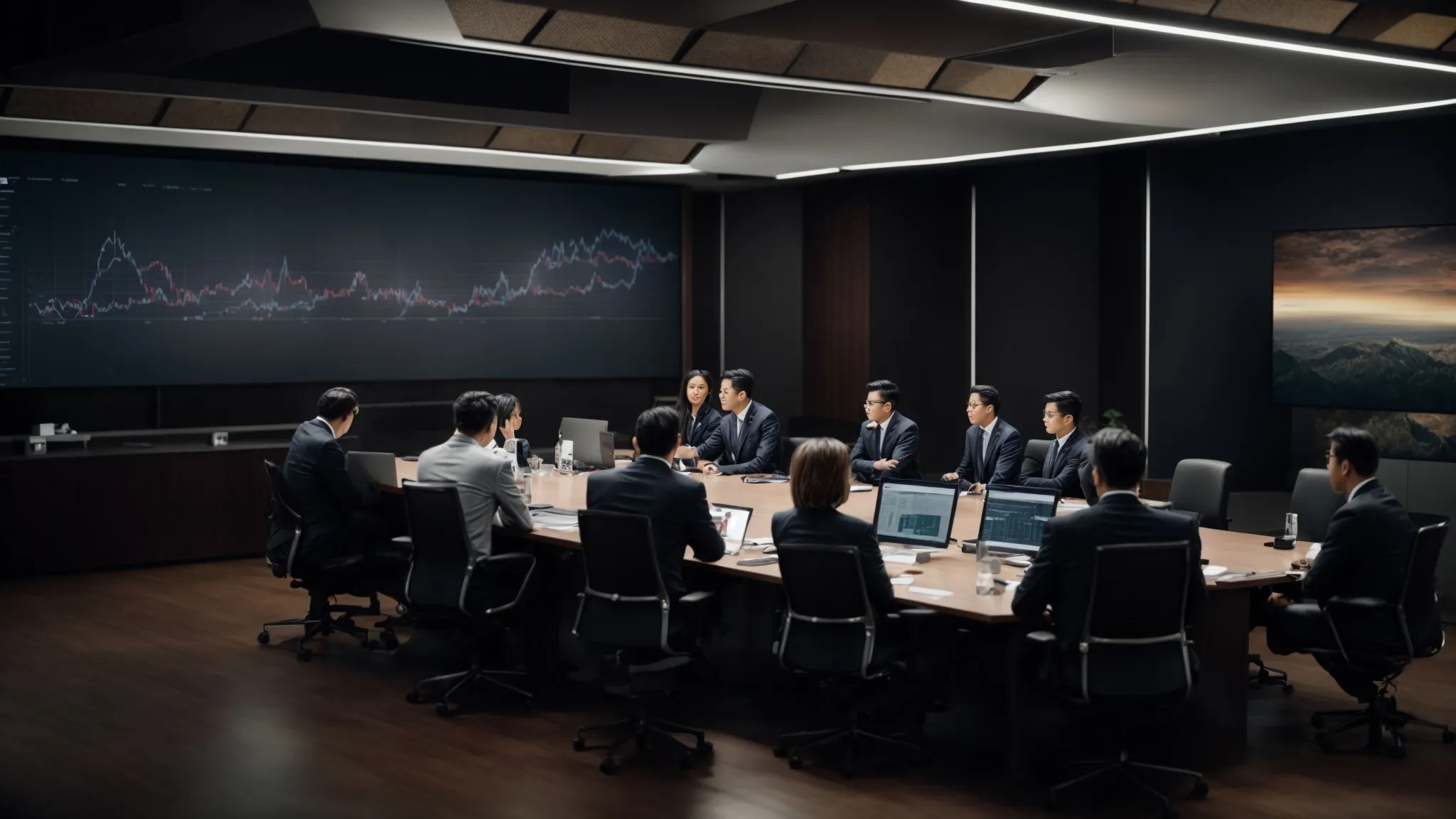 a group of professionals gathered around a conference table, looking at a large screen displaying charts and graphs.