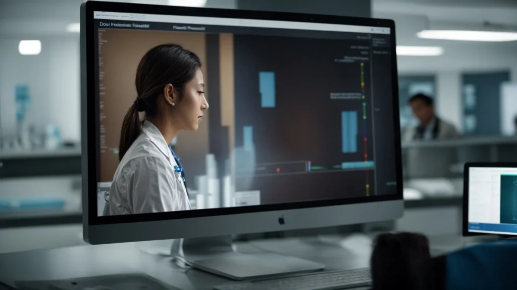 a doctor talks to a patient while a computer screen displays a medical software interface in the background.