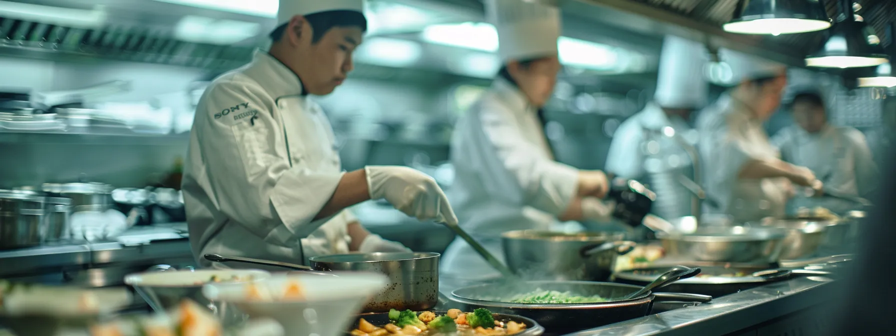 a group of chefs in uniforms, with the logo of a top culinary school in america, preparing various dishes in a busy kitchen.