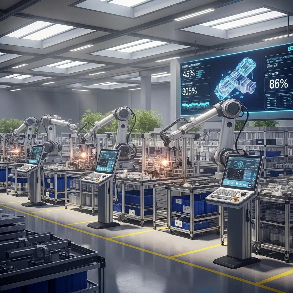 Advanced manufacturing technology in a modern factory with robotic arms