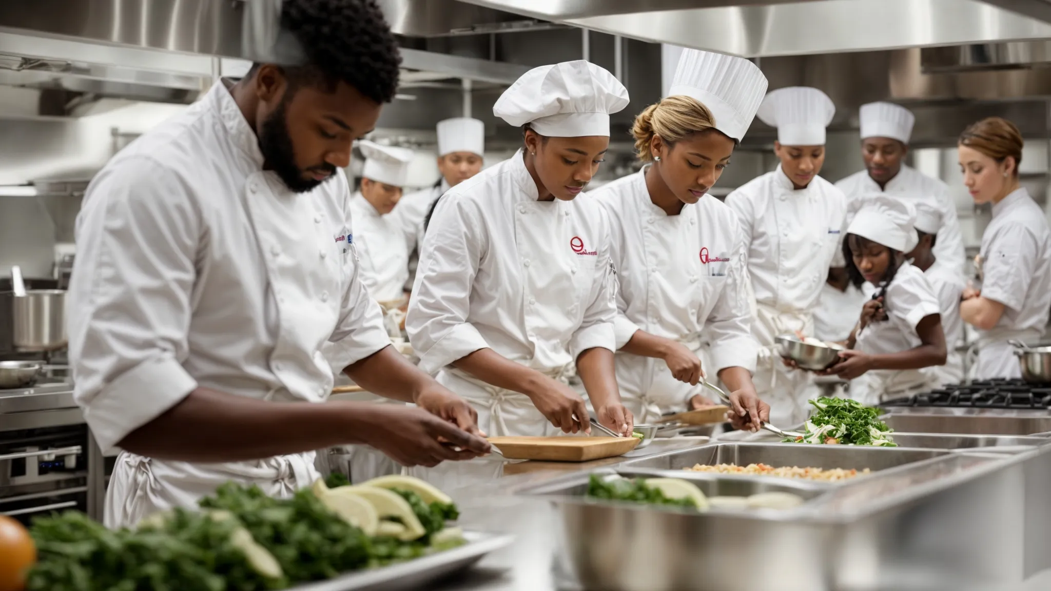 a diverse group of students in white chef uniforms attentively watching a master chef demonstrate cooking techniques in a modern, well-equipped kitchen classroom.