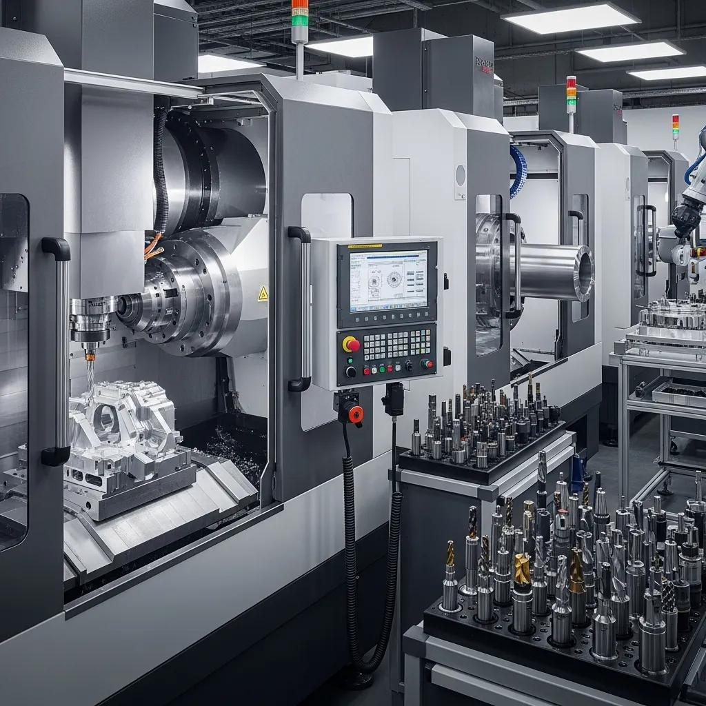 Advanced CNC machining setup with precision tools in a modern manufacturing environment