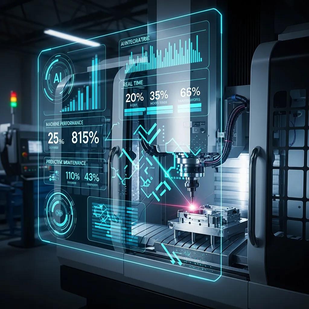 Digital interface showcasing AI analytics alongside a CNC machine in operation