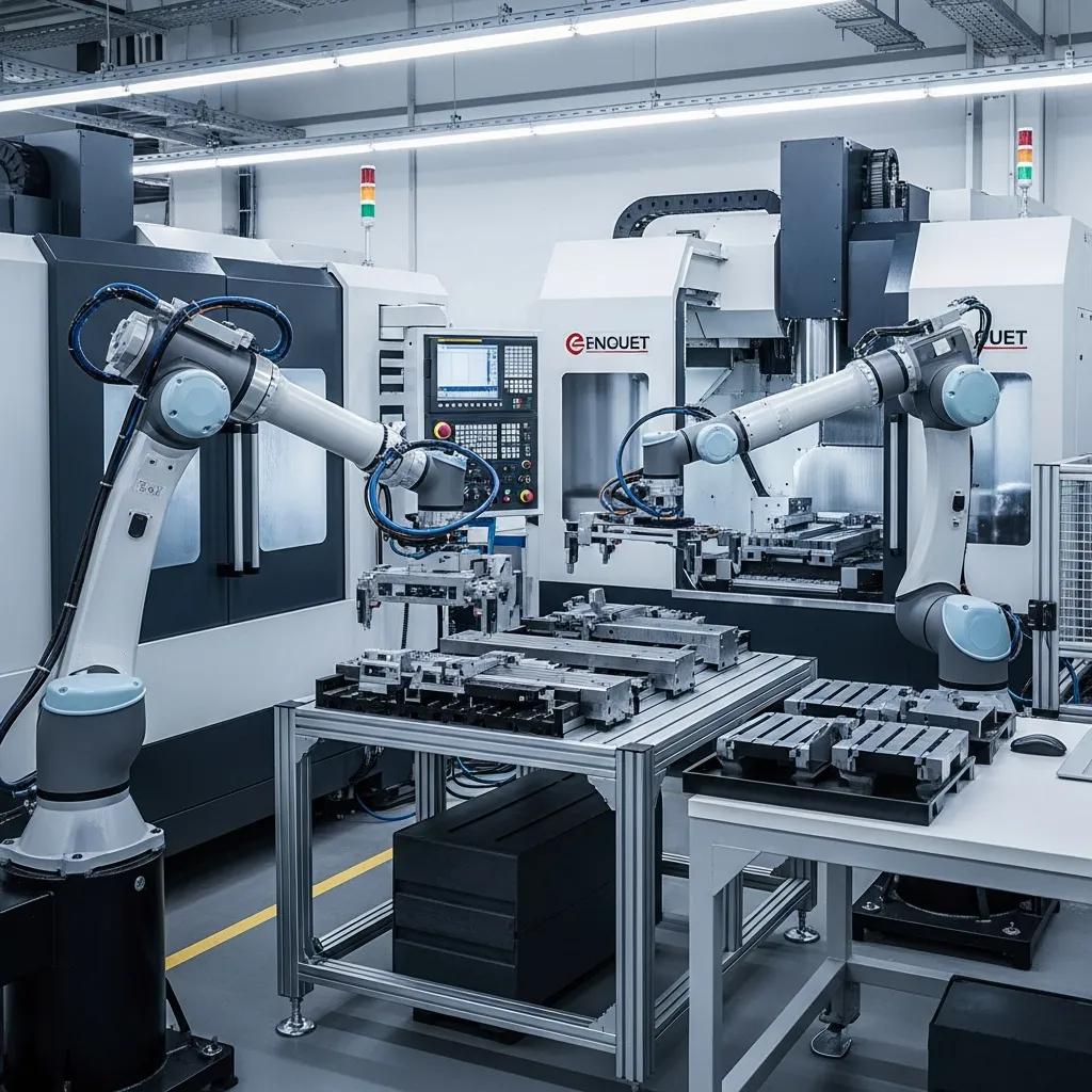 Robotic arms collaborating with CNC machines in a modern manufacturing setting